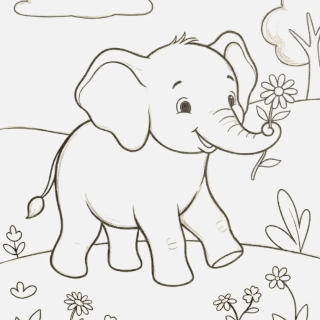 Elephant Holding a Flower Drawing