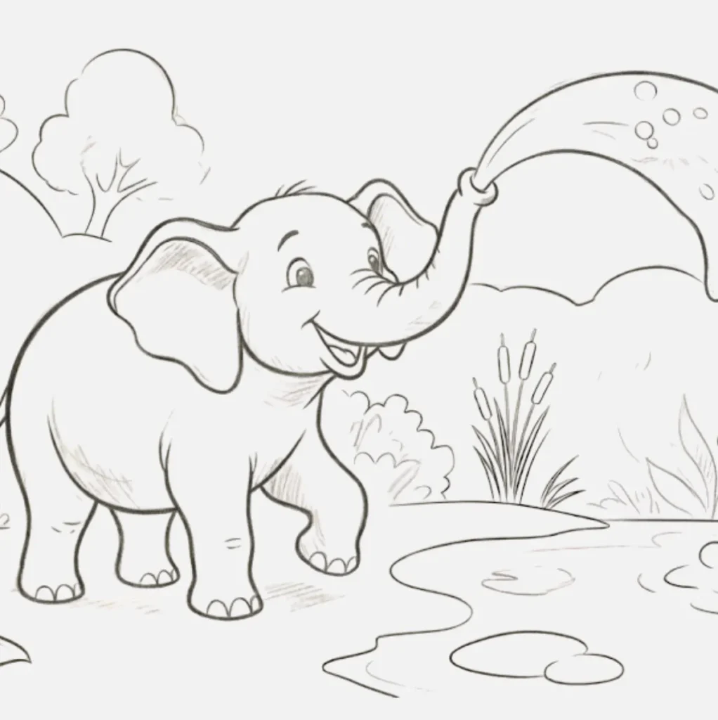Elephant Spraying Water Drawing
