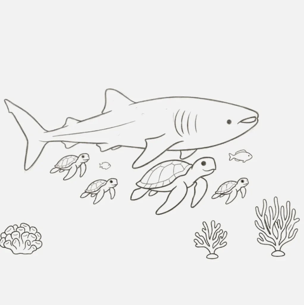 Shark Swimming with Sea Turtles Drawing