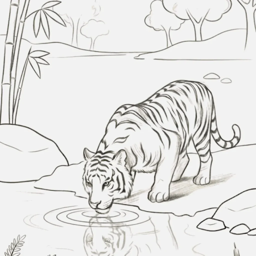 Tiger Drinking Water Drawing