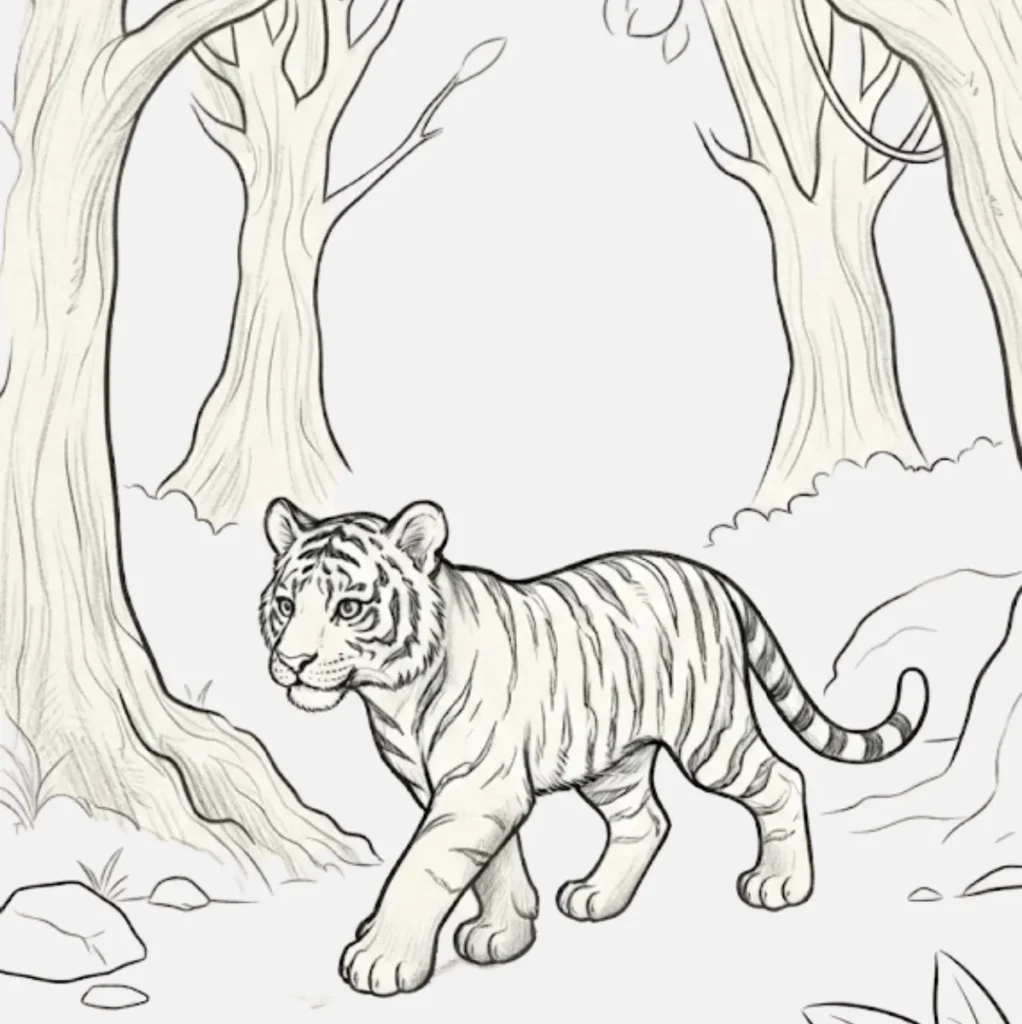 Tiger Exploring the Forest Drawing