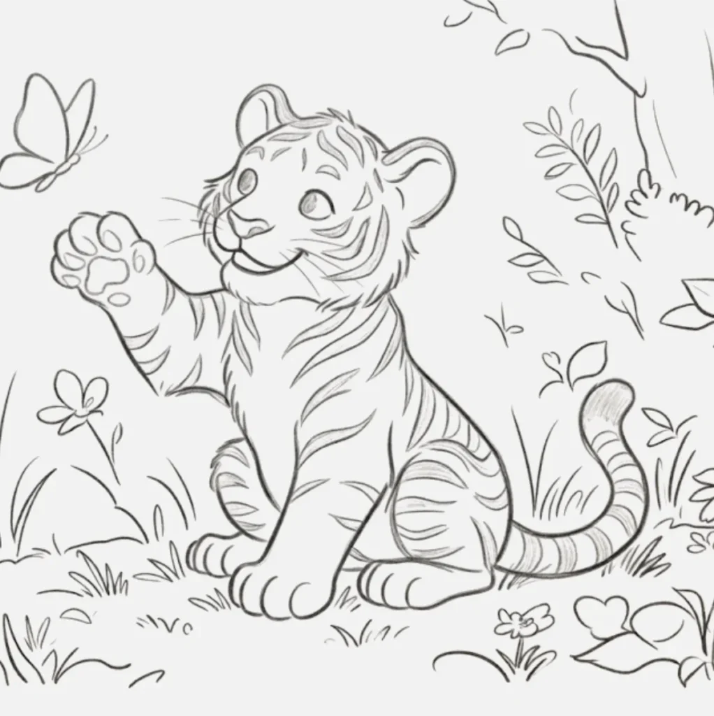 Tiger Playing with a Butterfly Drawing