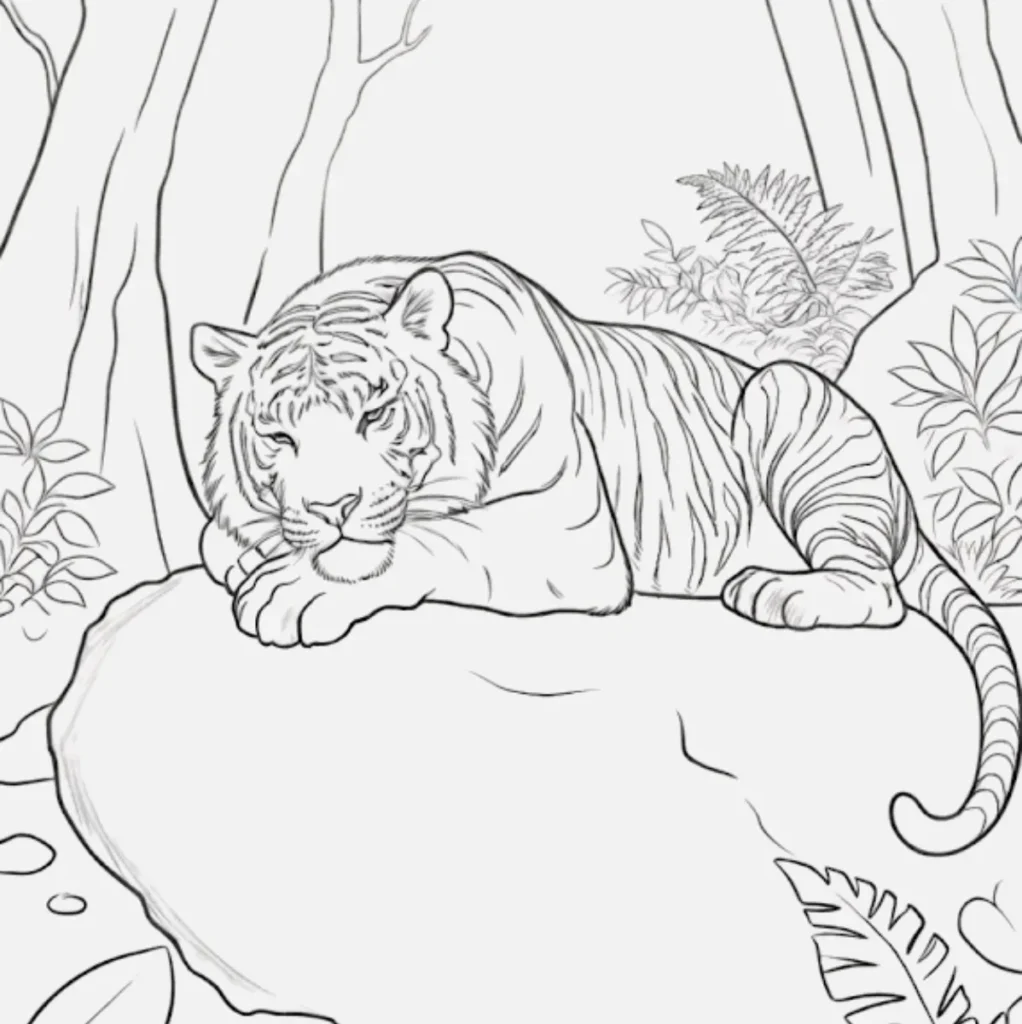 Tiger Resting on a Rock Drawing