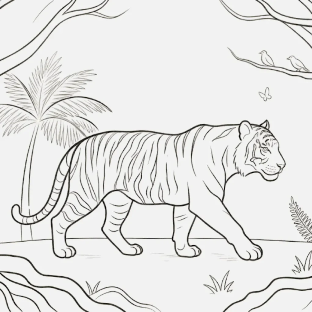 Tiger Walking in the Jungle Drawing